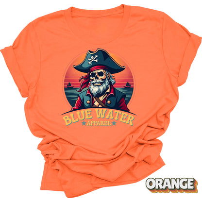 Flat lay of Orange Front Graphic Vintage Pirate tee by Blue Water Apparel