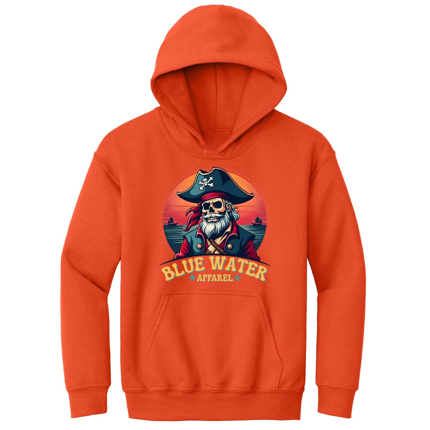 flat lay orange vintage pirate kids hoodie by blue water apparel