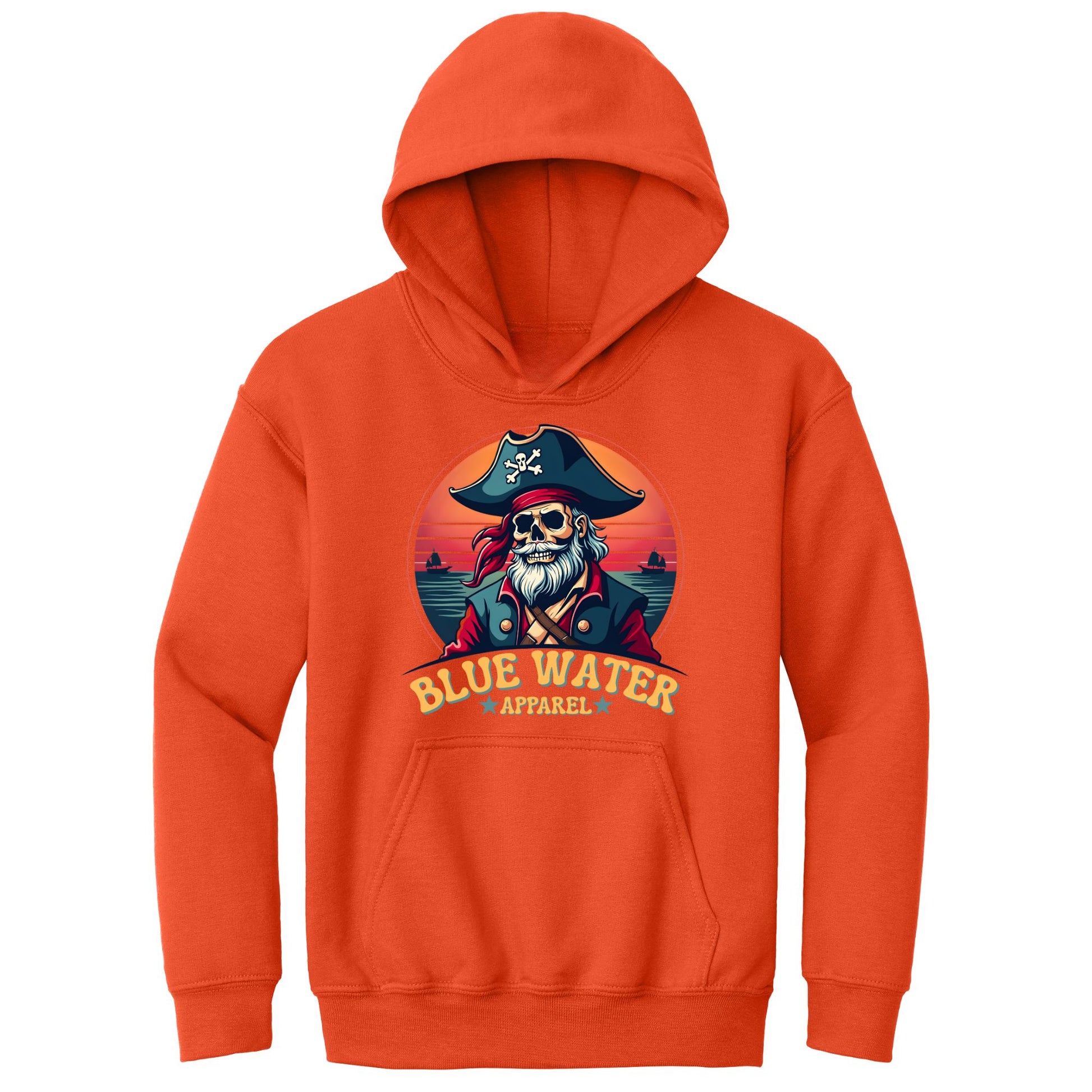 flat lay orange vintage pirate kids hoodie by blue water apparel