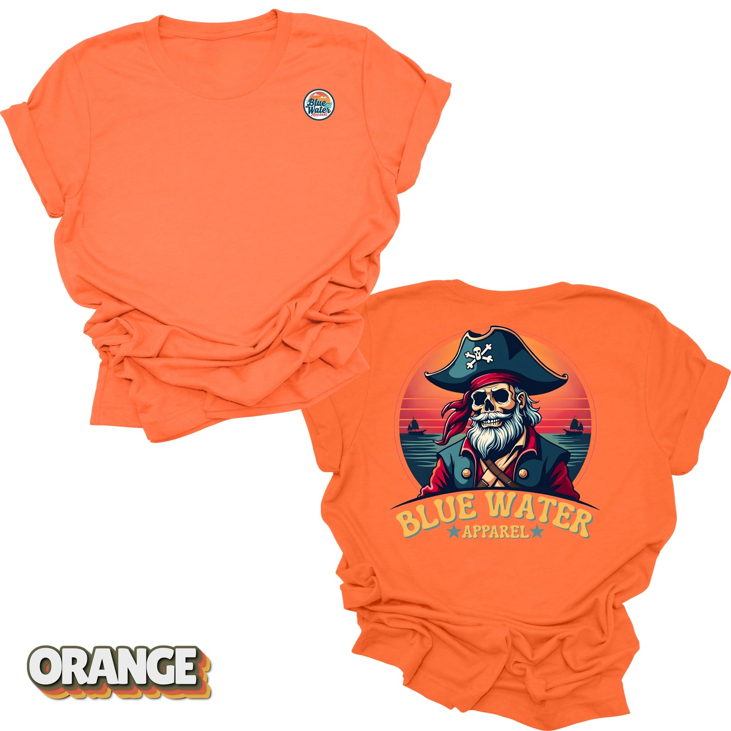 Flat lay of Orange Back Graphic Vintage Pirate tee by Blue Water Apparel