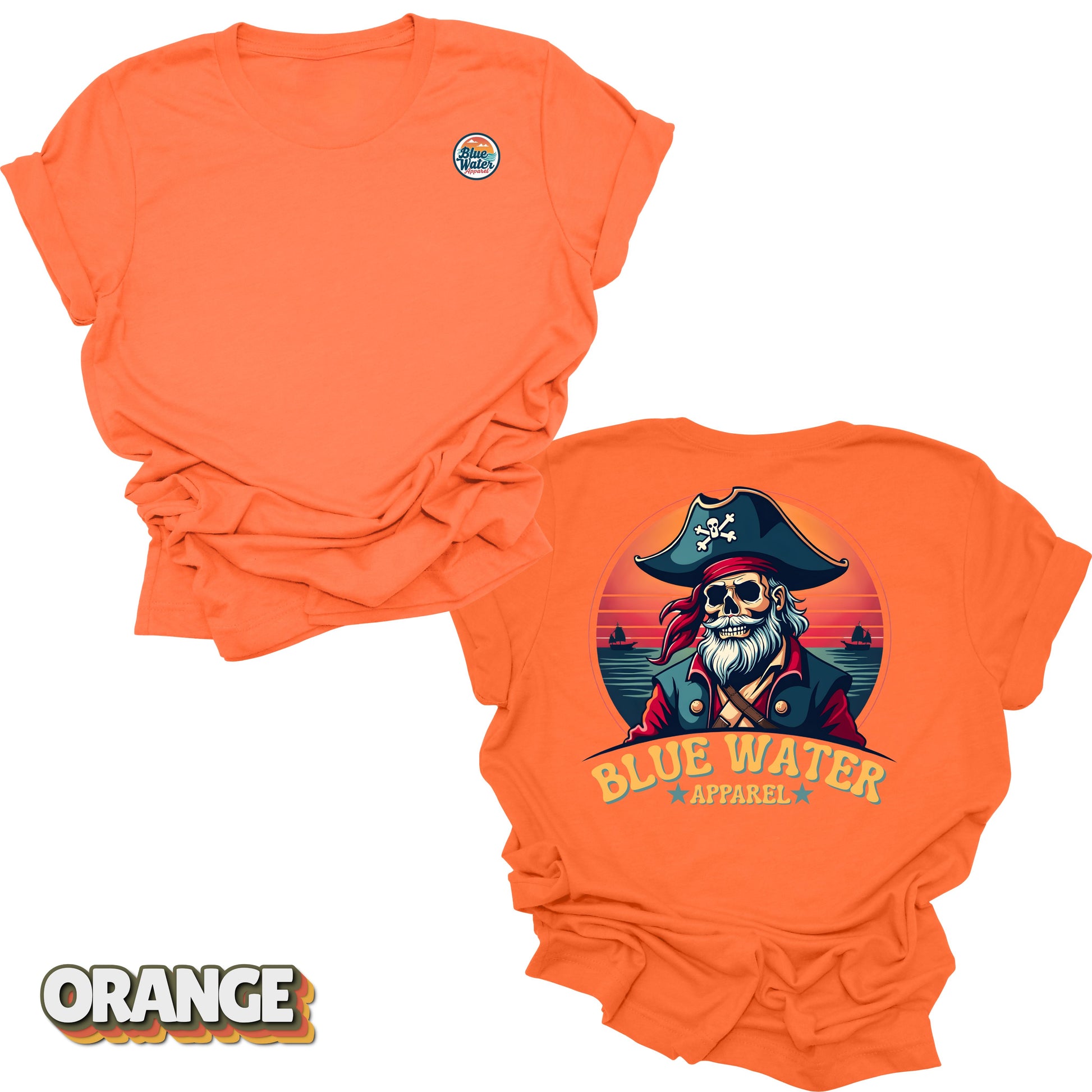 Flat lay of Orange Back Graphic Vintage Pirate tee by Blue Water Apparel