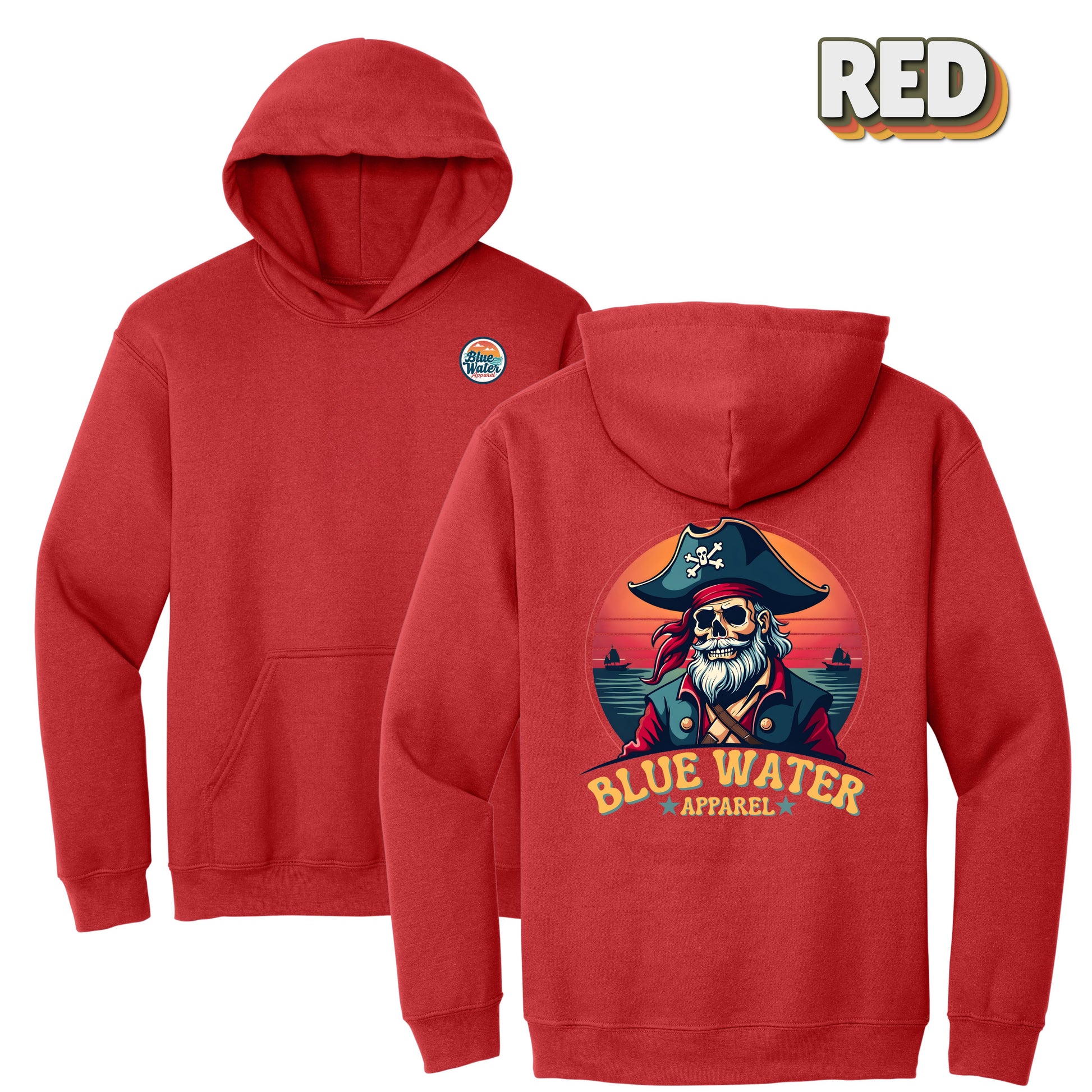 flat lay red vintage pirate hoodie by blue water apparel