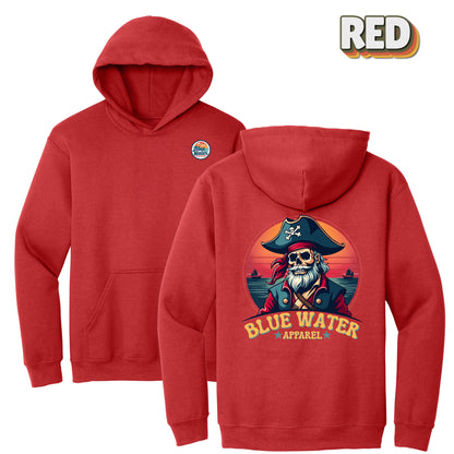 flat lay red vintage pirate hoodie by blue water apparel