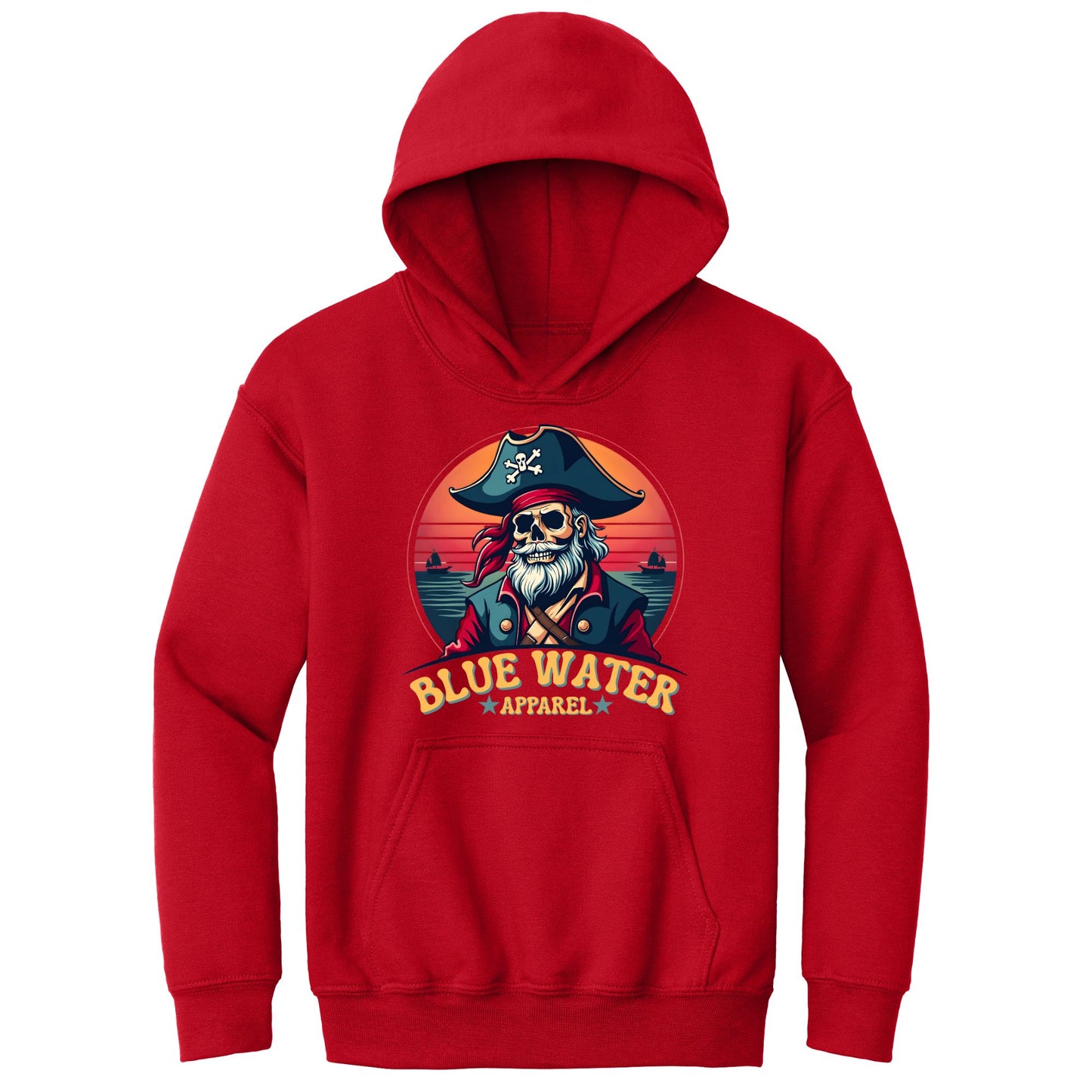 flat lay red vintage pirate kids hoodie by blue water apparel