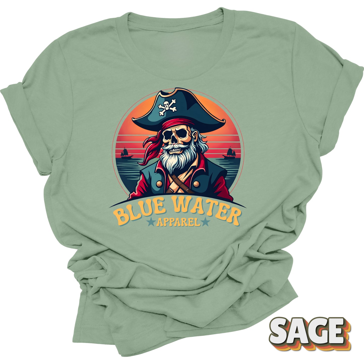 Flat lay of Sage Front Graphic Vintage Pirate tee by Blue Water Apparel