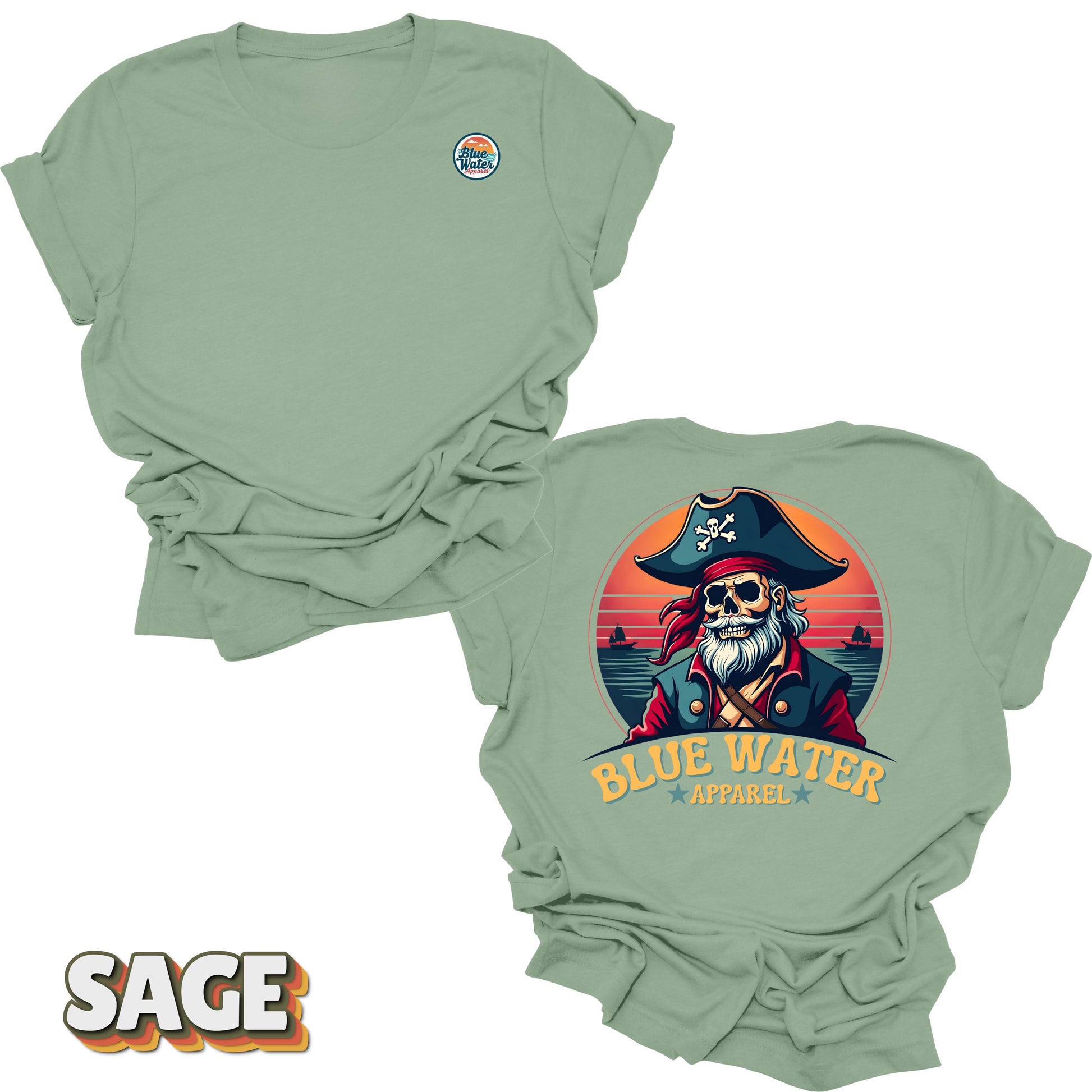 Flat lay of Sage Back Graphic Vintage Pirate tee by Blue Water Apparel