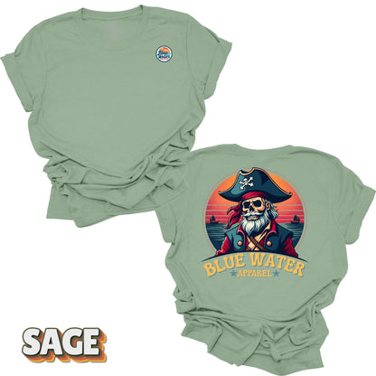 Flat lay of Sage Back Graphic Vintage Pirate tee by Blue Water Apparel