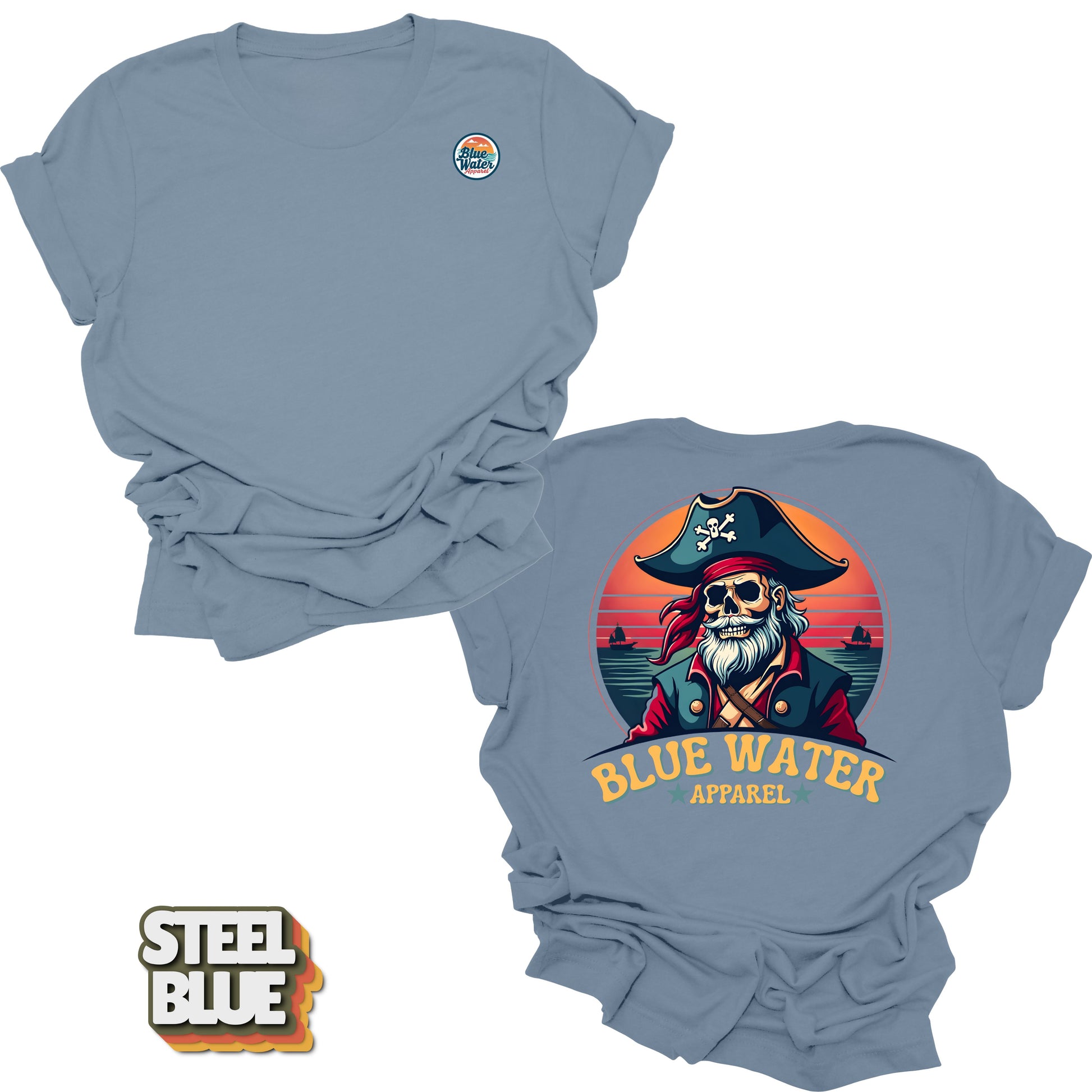 Flat lay of Steel Blue Back Graphic Vintage Pirate tee by Blue Water Apparel