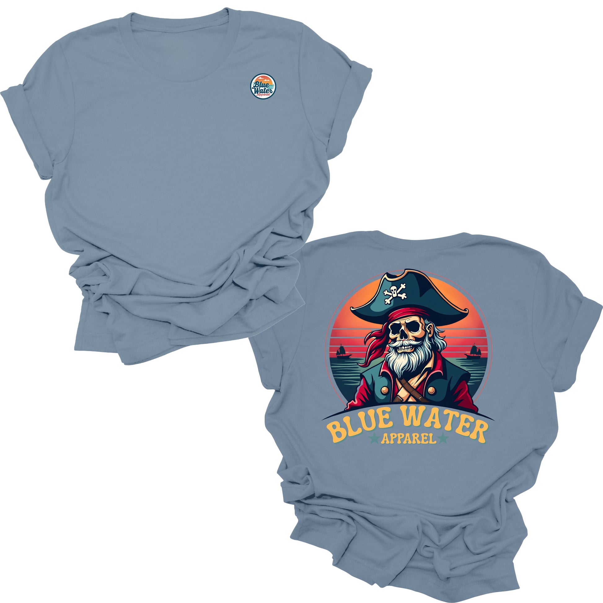 flat lay steel blue vintage pirate up tee by blue water apparel