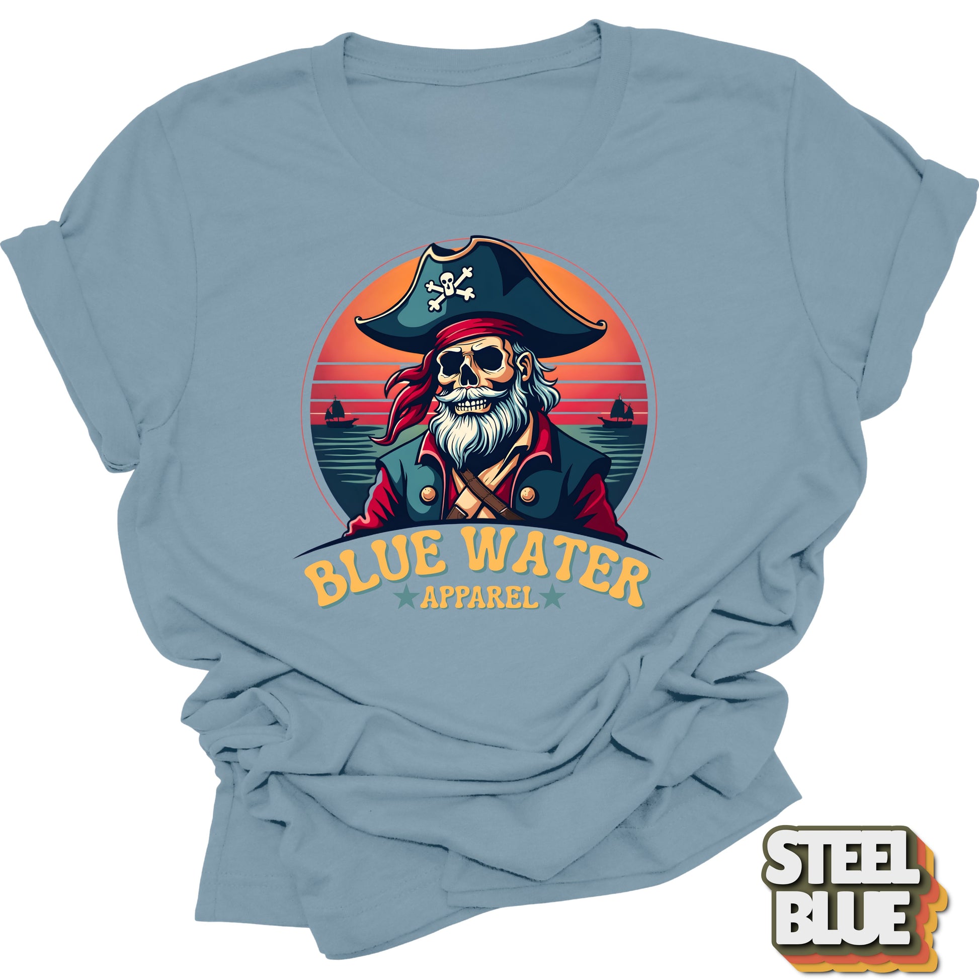 Flat lay of Steel Blue Front Graphic Vintage Pirate tee by Blue Water Apparel