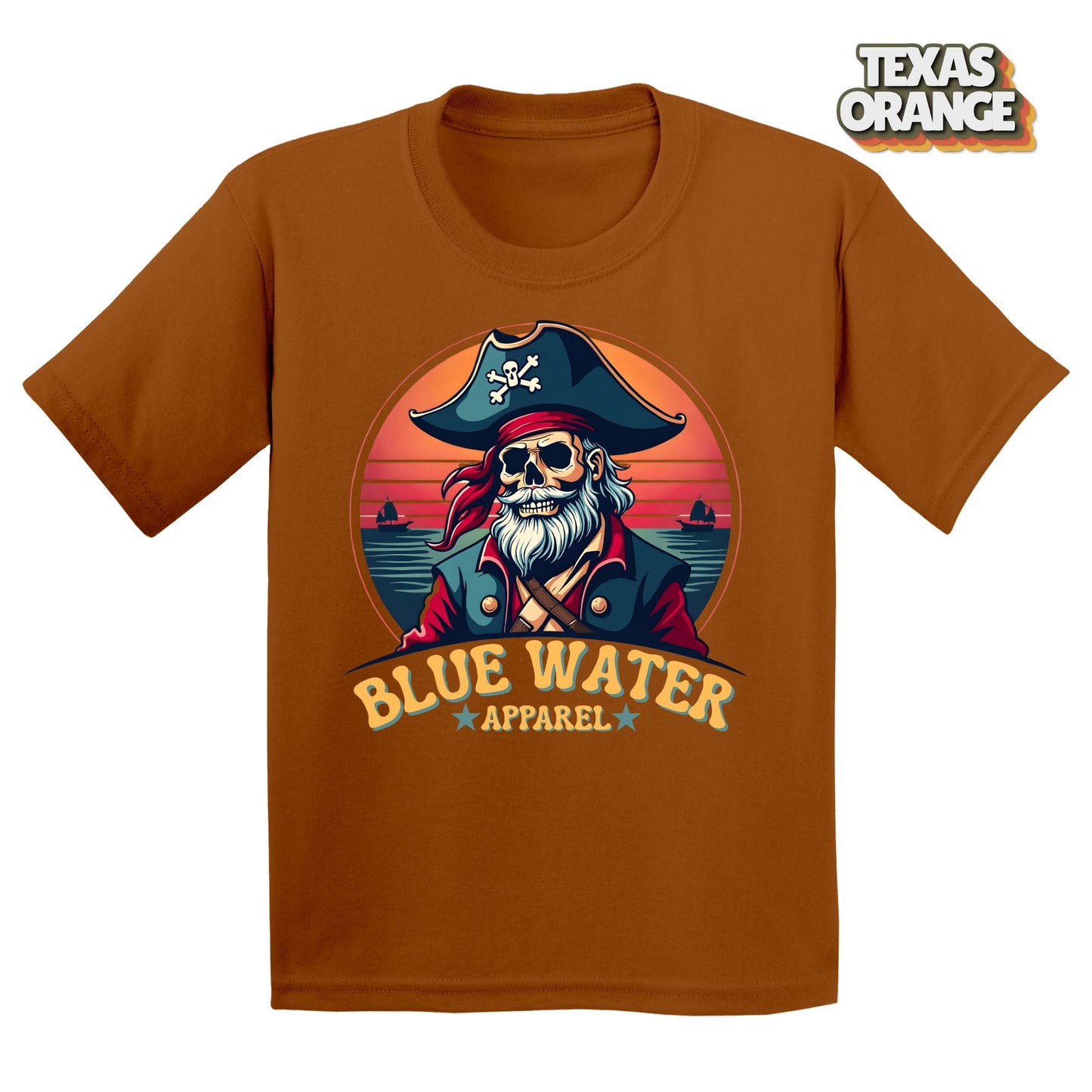 Flat Lay of Vintage Pirate Texas Orange tee by Blue Water Apparel