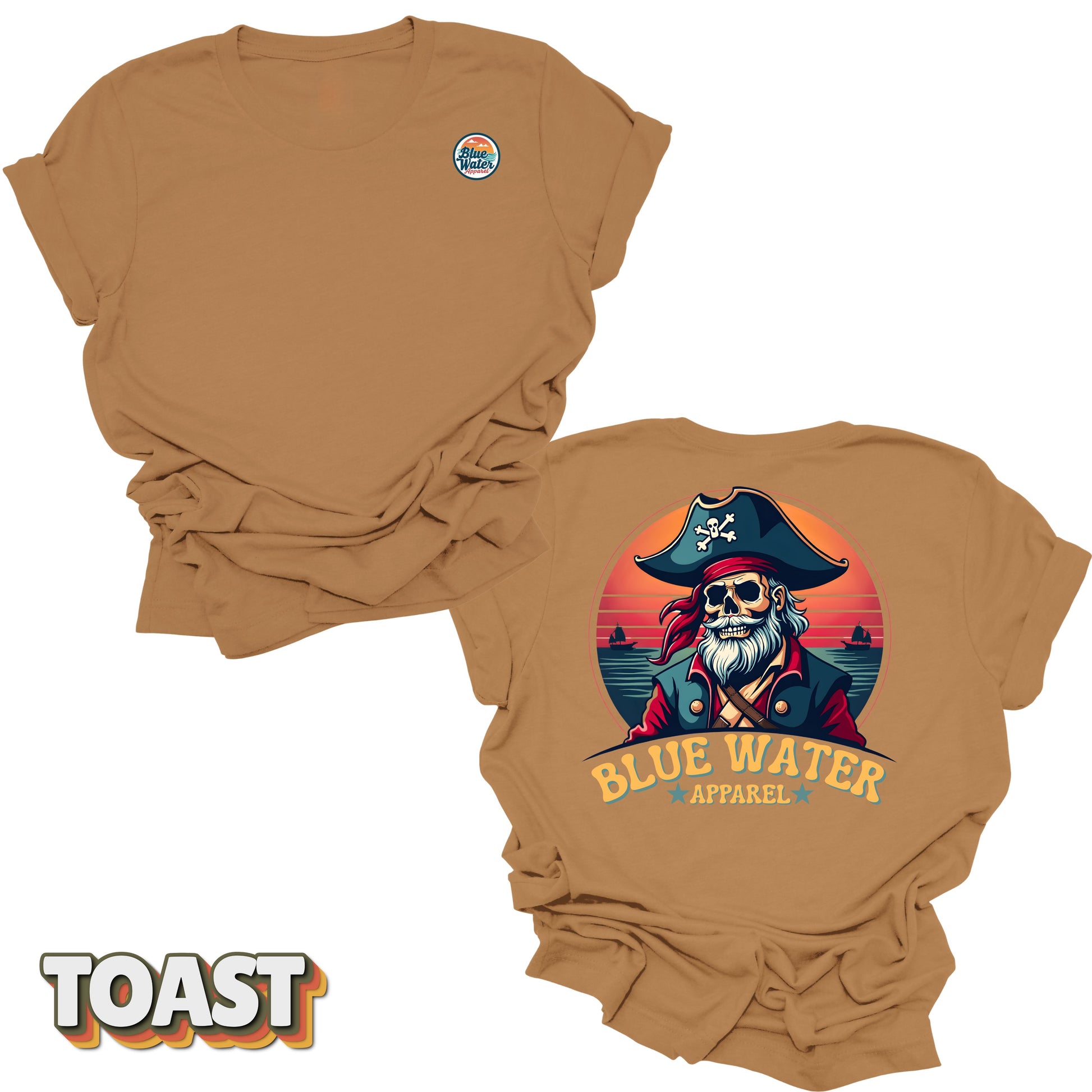 Flat lay of Toast Back Graphic Vintage Pirate tee by Blue Water Apparel