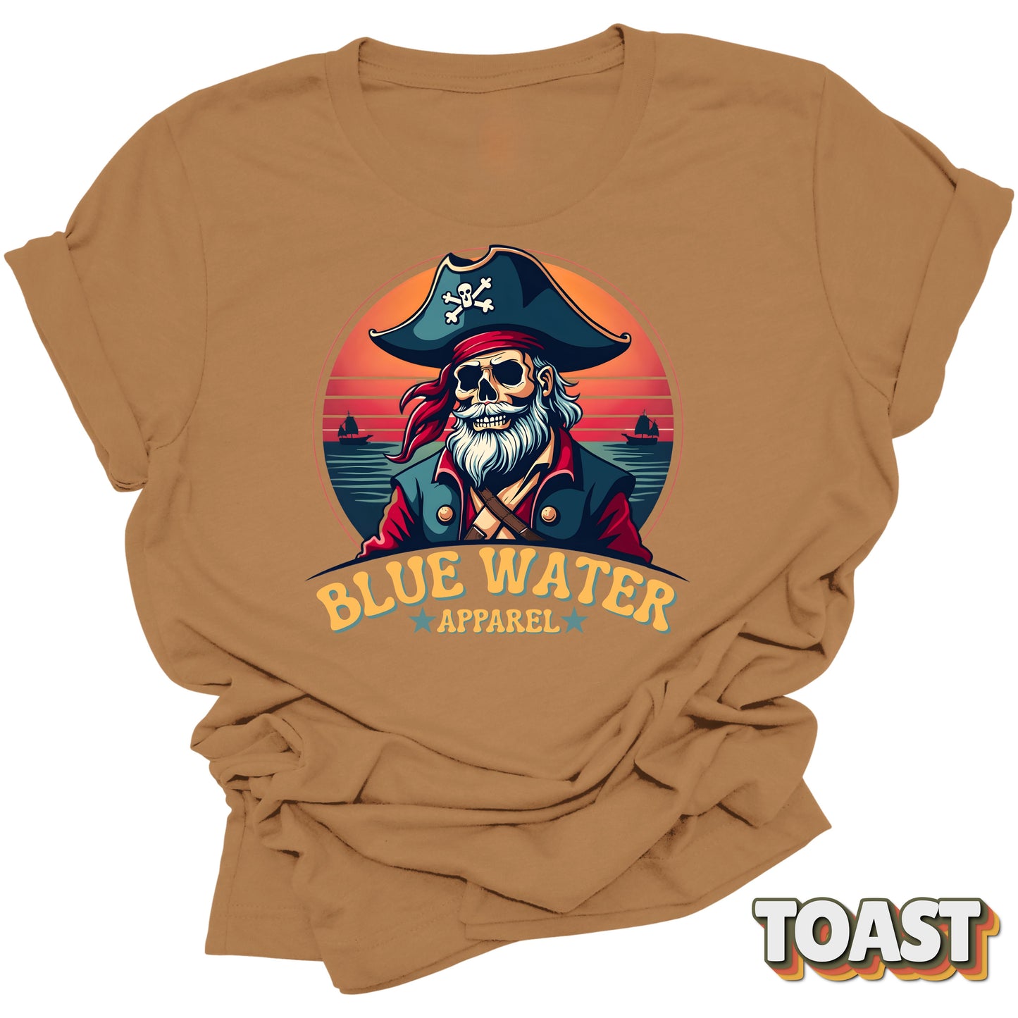 Flat lay of Toast Front Graphic Vintage Pirate tee by Blue Water Apparel