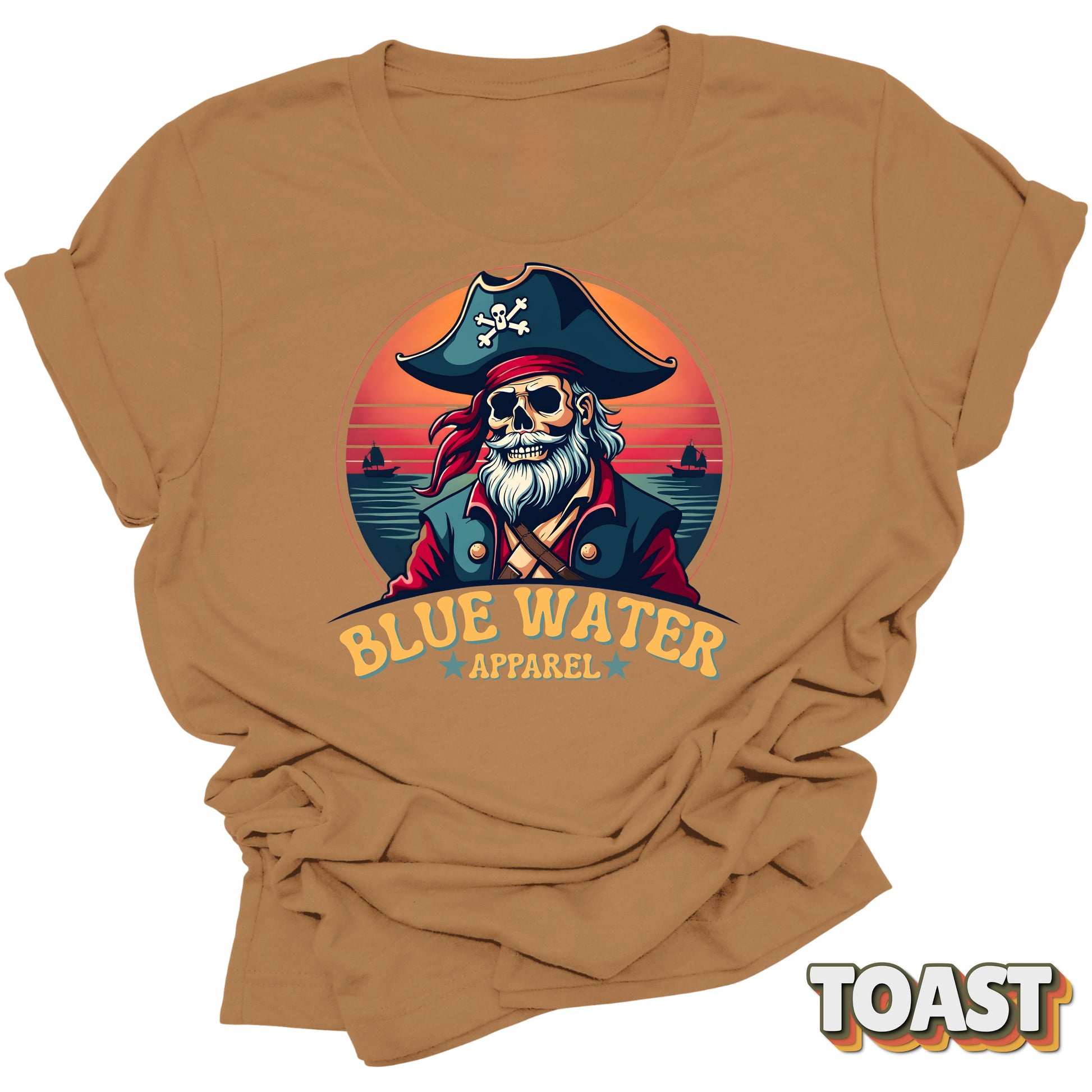 Flat lay of Toast Front Graphic Vintage Pirate tee by Blue Water Apparel