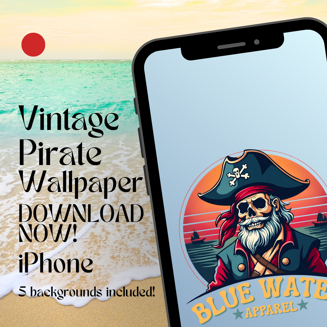 Vintage pirate iPhone mockup with beach background by blue water apparel