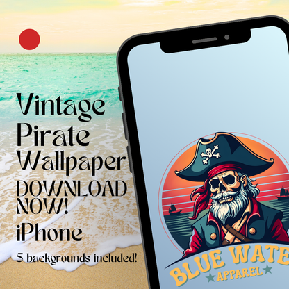 Vintage pirate iPhone mockup with beach background by blue water apparel