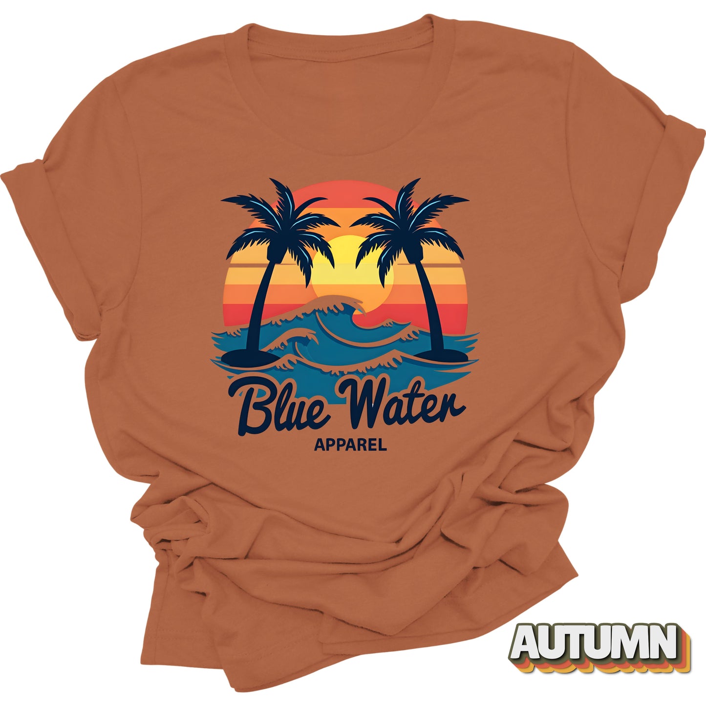 Flat lay front graphic of Autumn Vintage Sunset tee by Blue Water Apparel