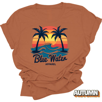 Flat lay front graphic of Autumn Vintage Sunset tee by Blue Water Apparel