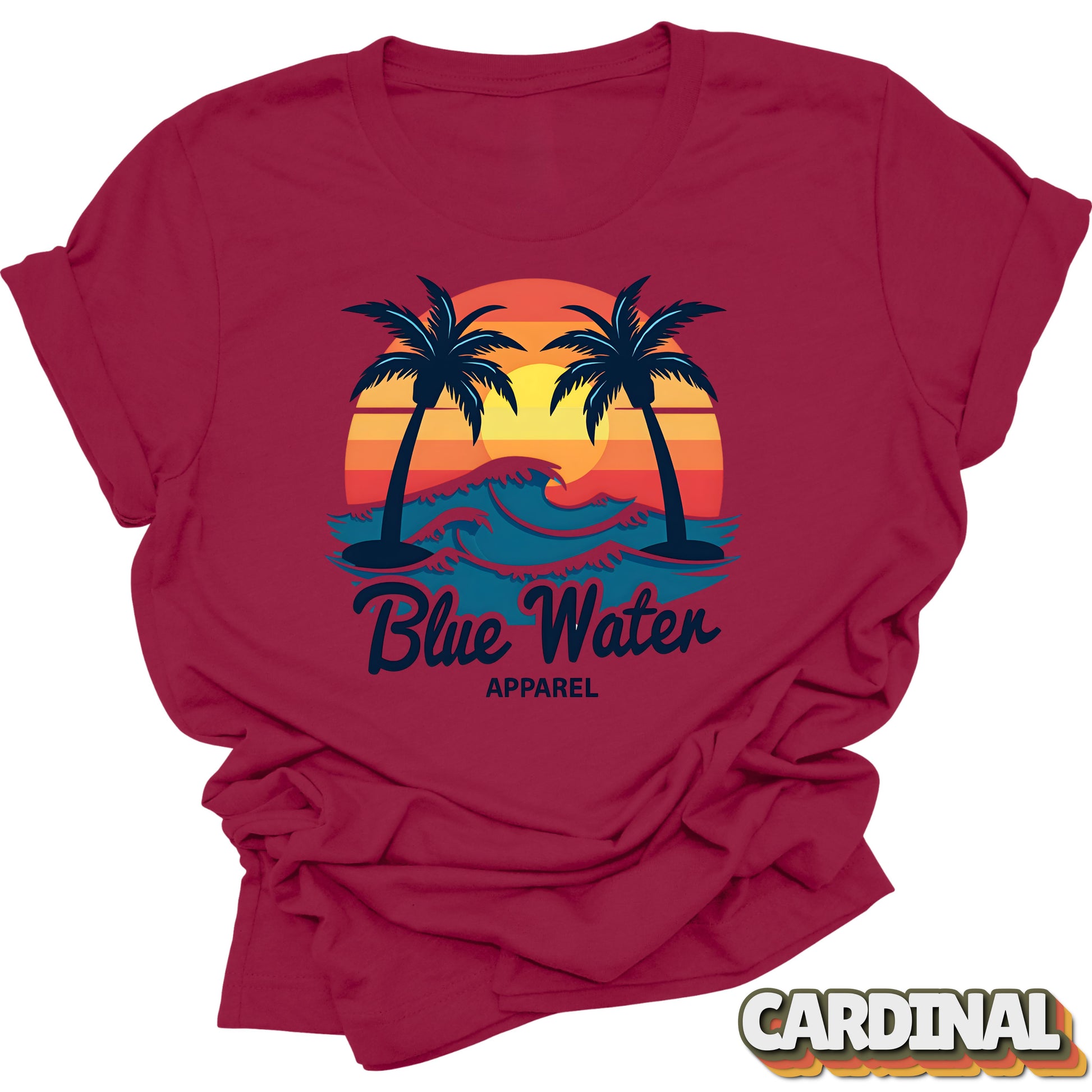 Flat lay front graphic of Cardinal Vintage Sunset tee by Blue Water Apparel