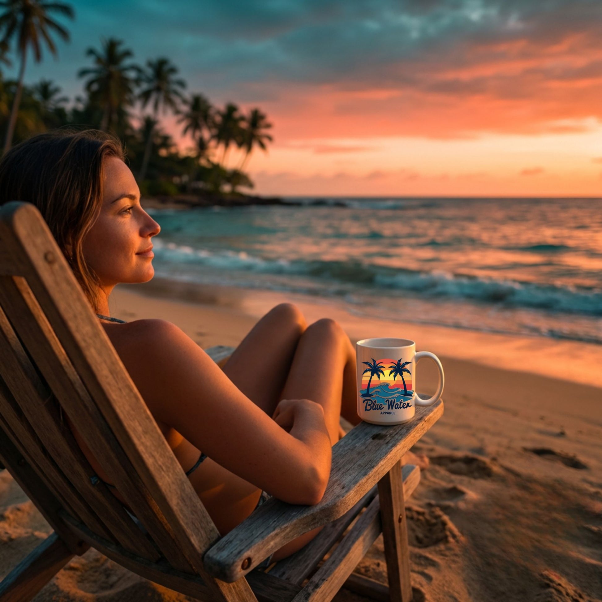 woman on sunset beach with vintage sunset coffee mug by blue water apparel