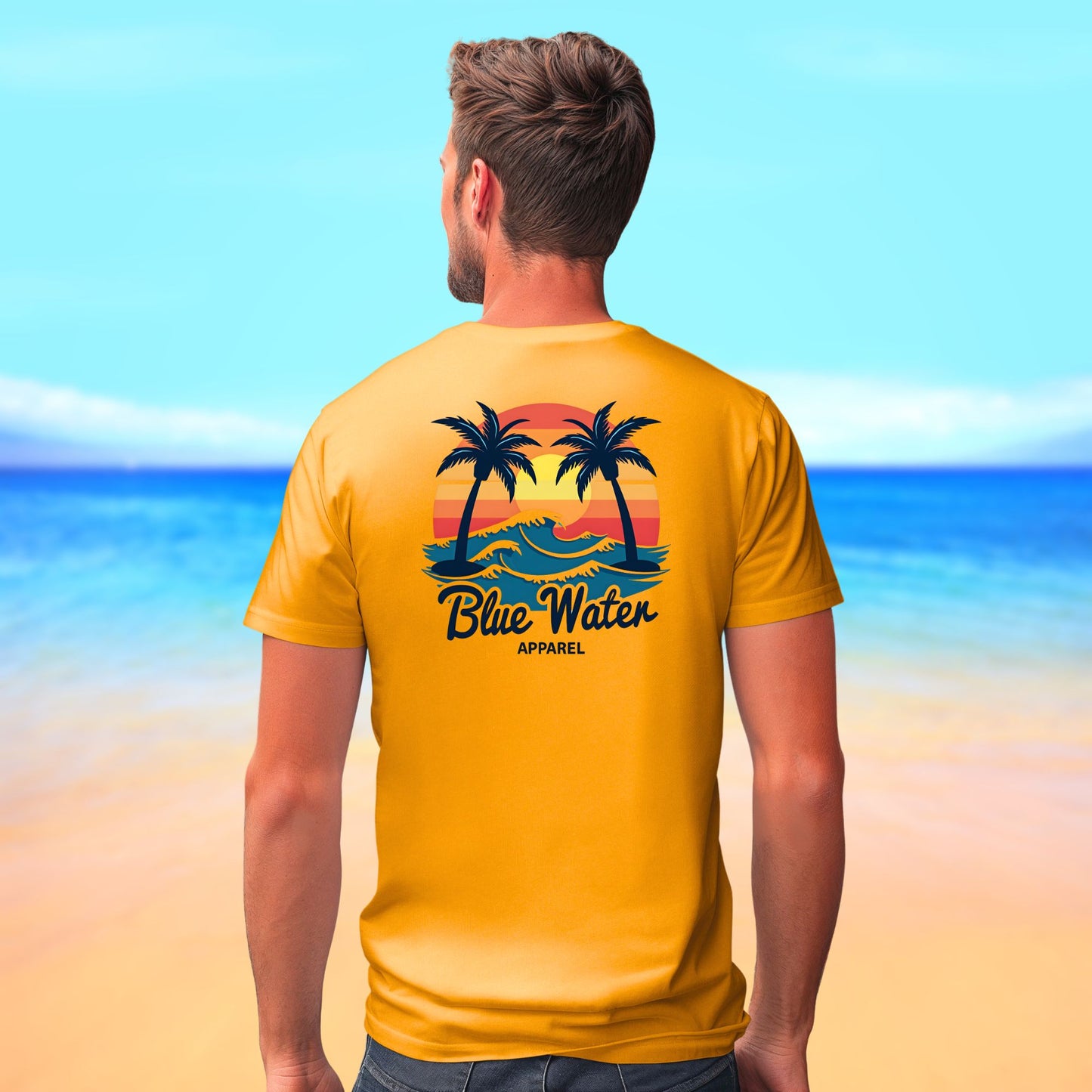 Male model on beach wearing gold Vintage Sunset by Blue Water Apparel
