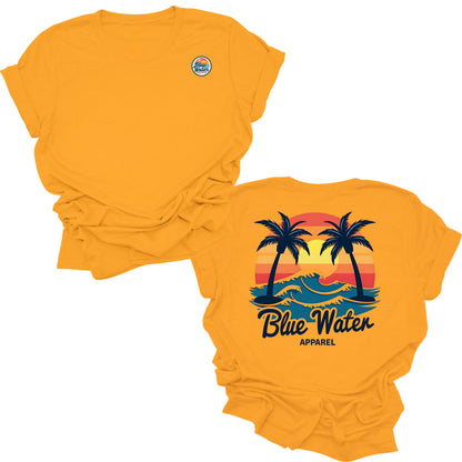 flat lay gold vintage sunset tee by blue water apparel