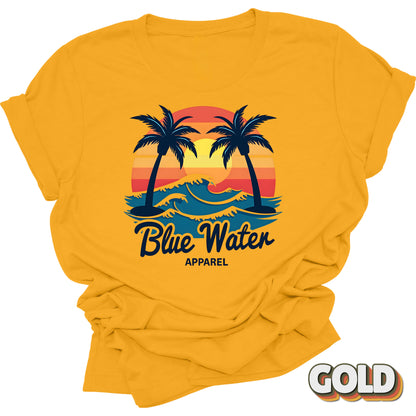 Flat lay front graphic of Gold Vintage Sunset tee by Blue Water Apparel