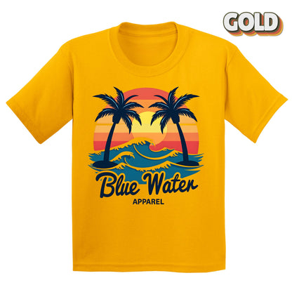 Flat Lay of Gold Vintage Sunset tee by Blue Water Apparel