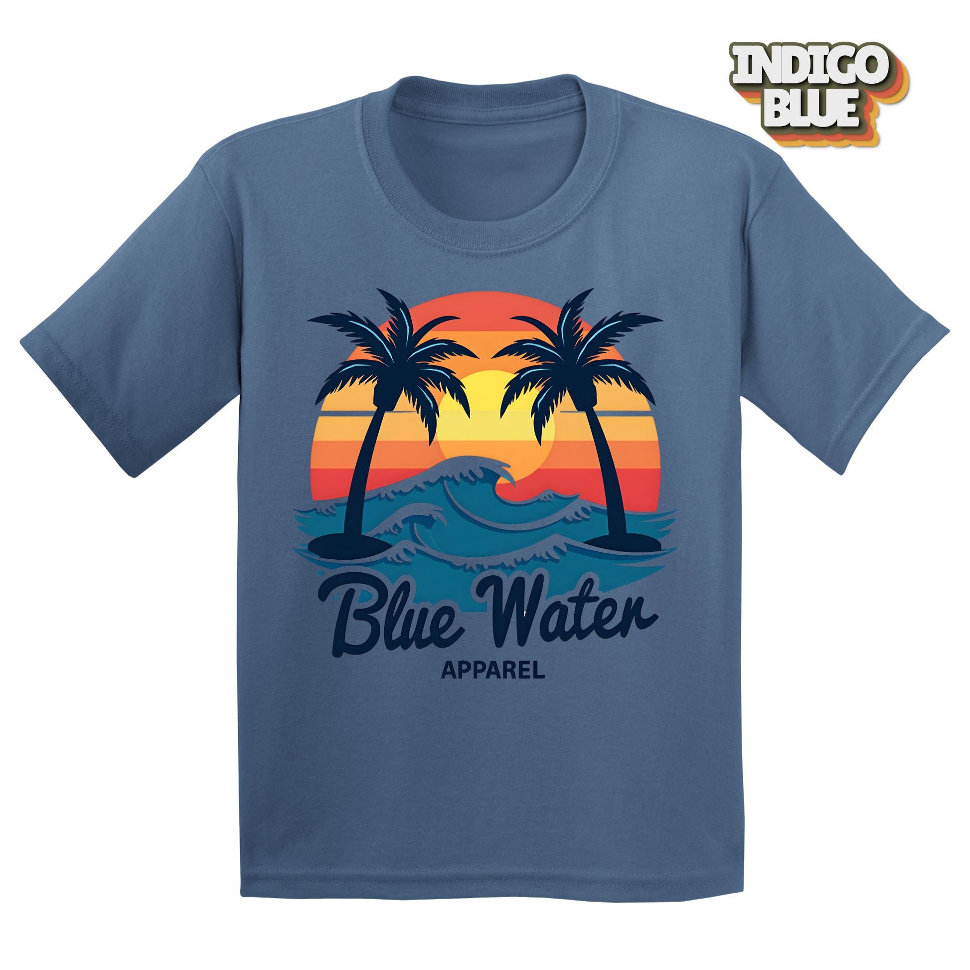 Flat Lay of Indigo Blue Vintage Sunset tee by Blue Water Apparel