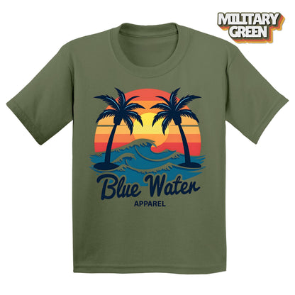 Flat Lay of Military Green Vintage Sunset tee by Blue Water Apparel