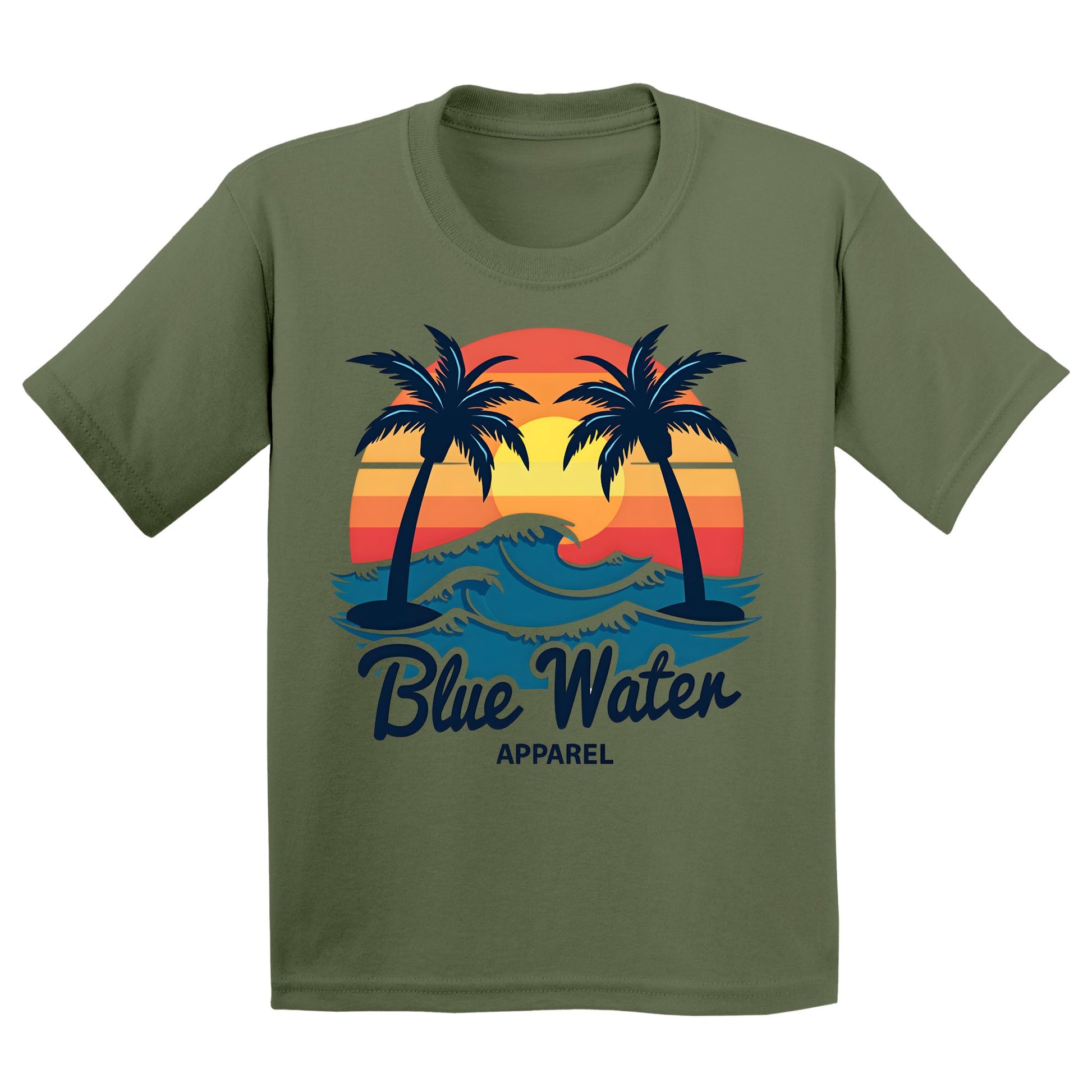 flat lay military green vintage sunset kids tee by blue water apparel