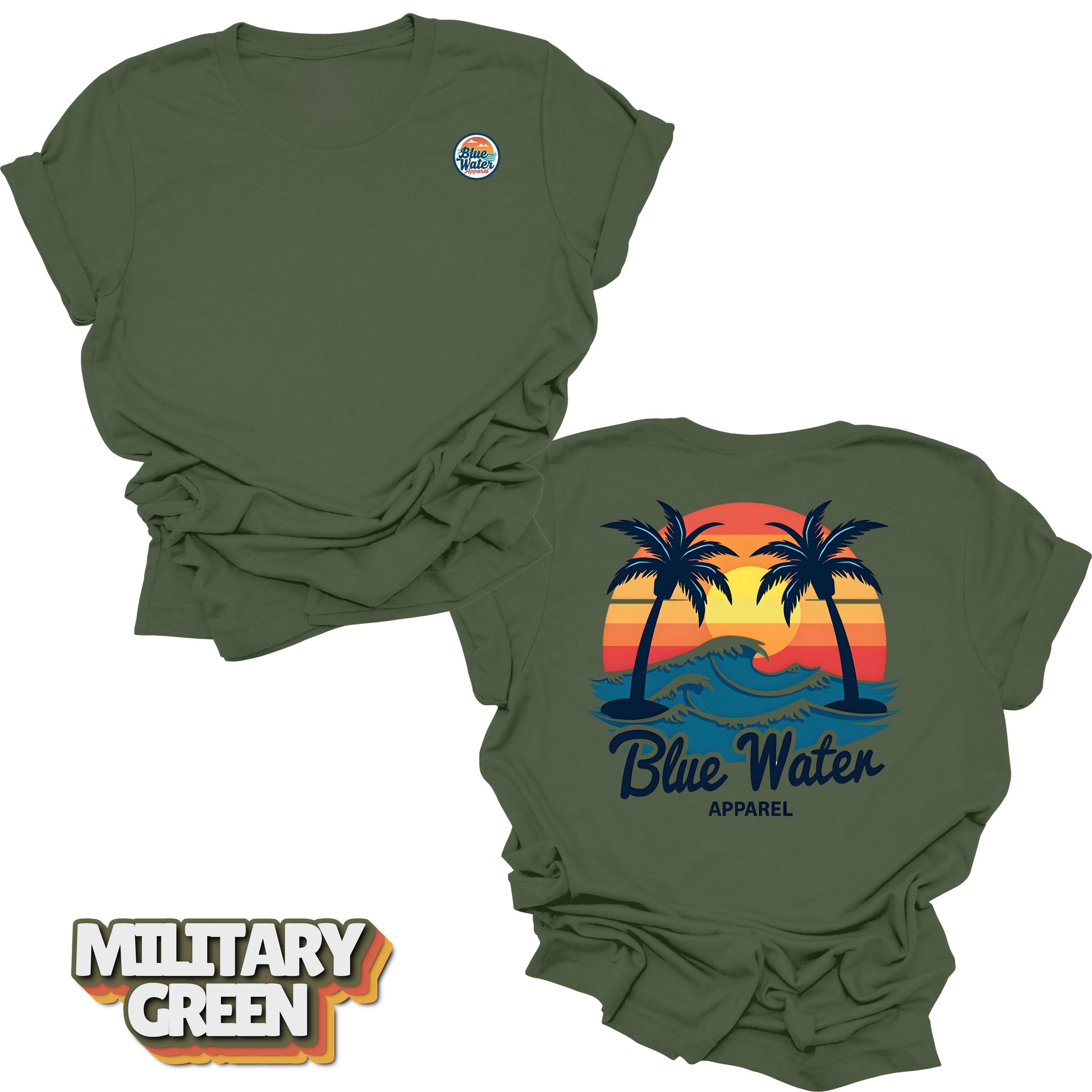 Flat lay back graphic Vintage Sunset in Military Green by Blue Water Apparel