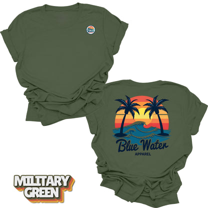 Flat lay back graphic Vintage Sunset in Military Green by Blue Water Apparel
