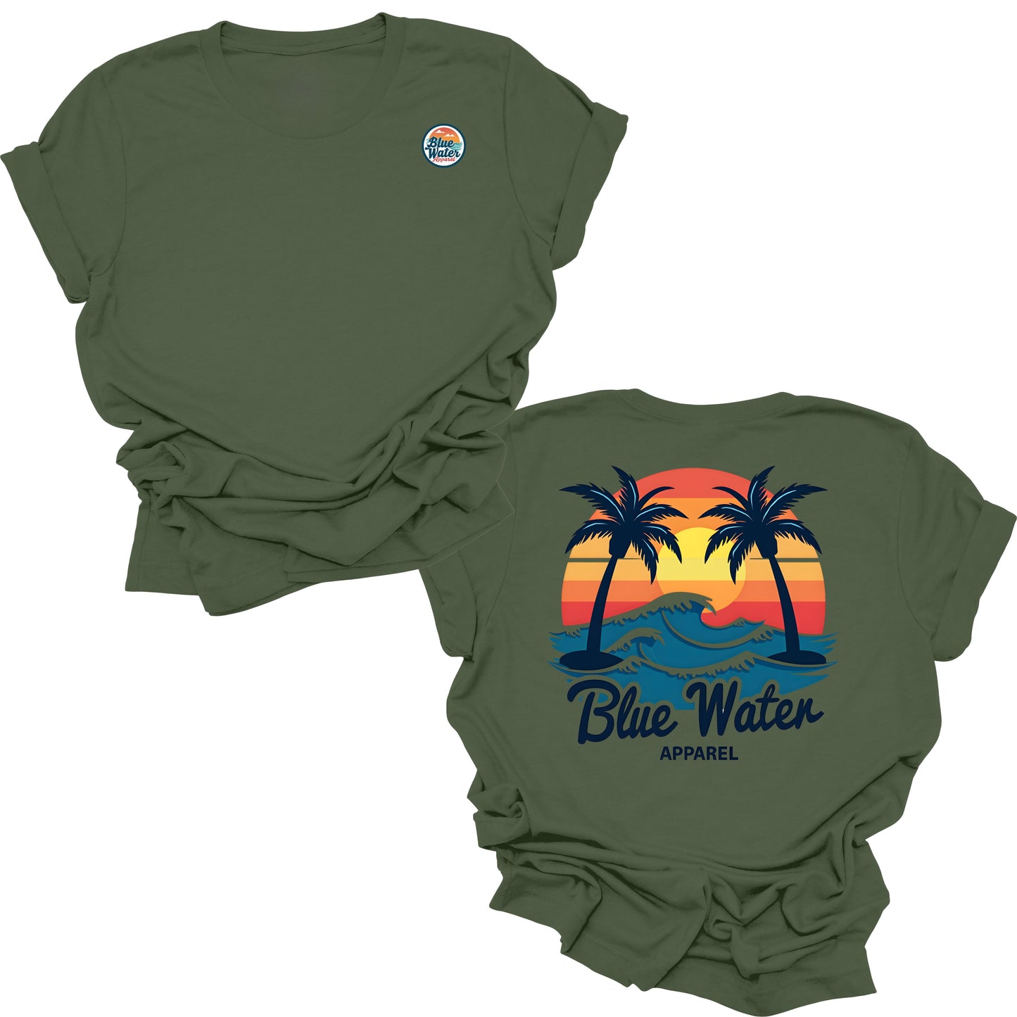 flat lay military green vintage sunset tee by blue water apparel