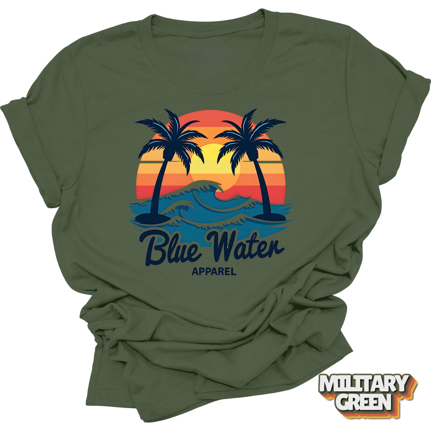 Flat lay front graphic of Military Green Vintage Sunset tee by Blue Water Apparel