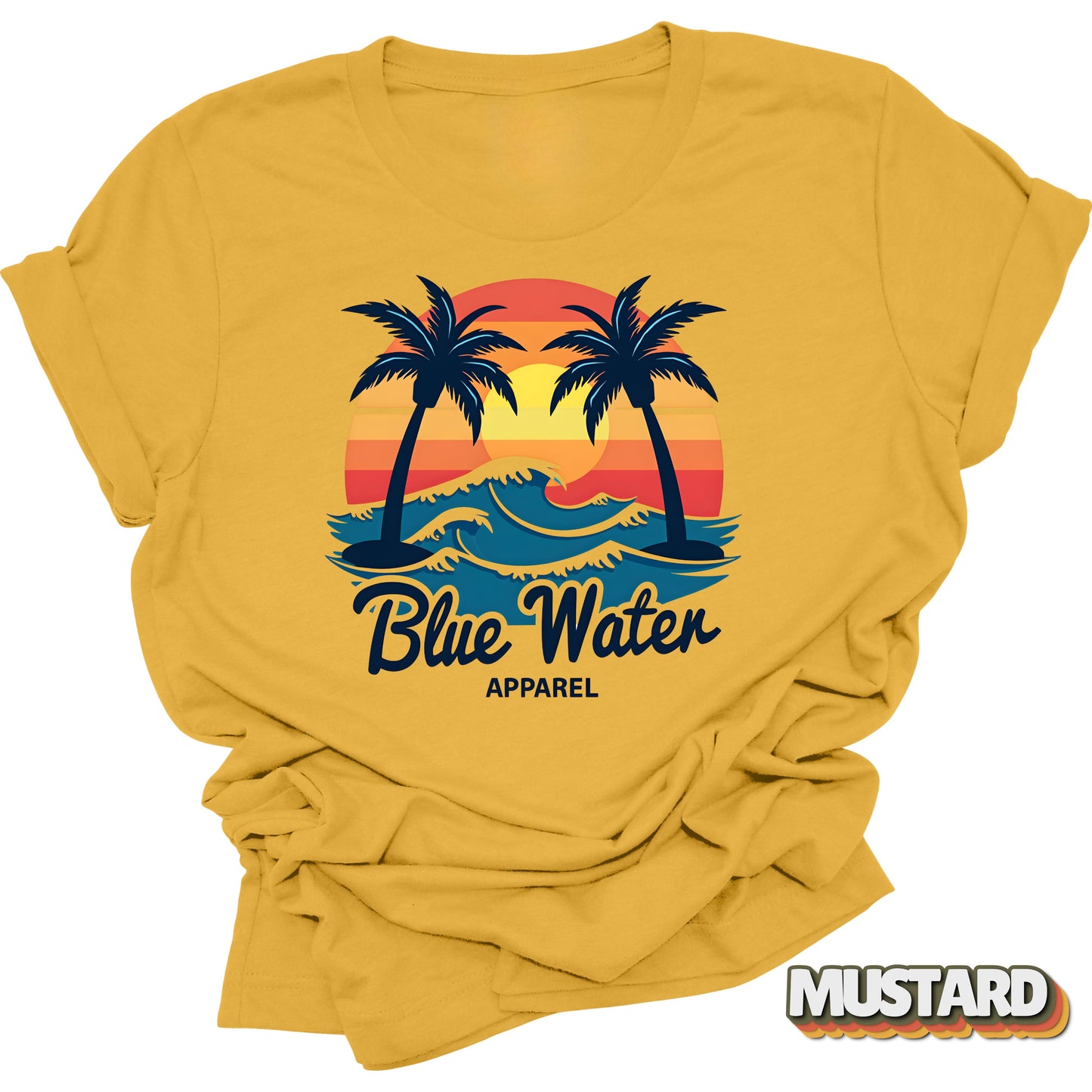 Flat lay front graphic of Mustard Vintage Sunset tee by Blue Water Apparel
