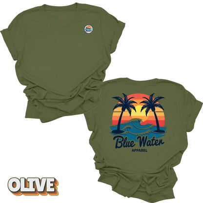 Flat lay back graphic Vintage Sunset in Olive by Blue Water Apparel