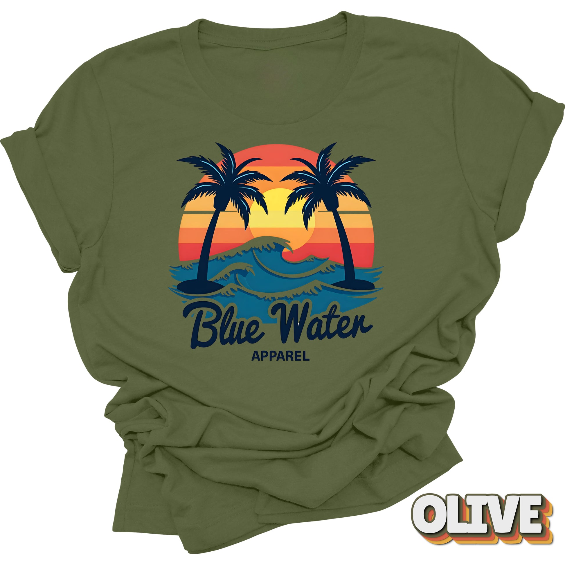 Flat lay front graphic of Olive Vintage Sunset tee by Blue Water Apparel