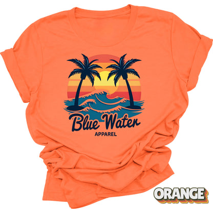 Flat lay front graphic of Orange Vintage Sunset tee by Blue Water Apparel