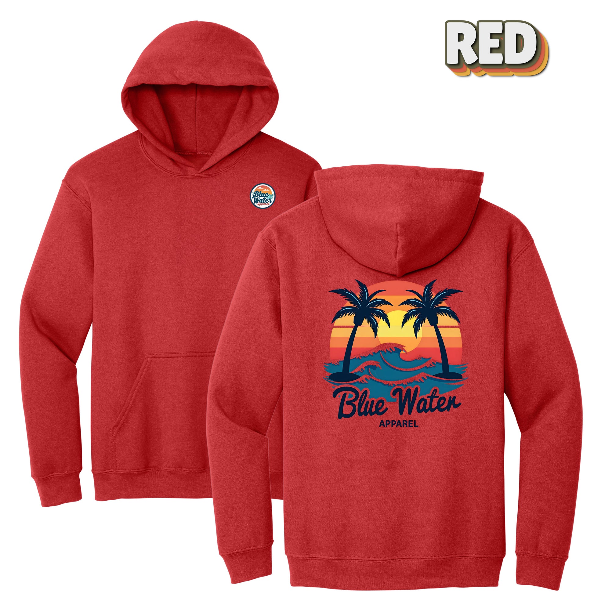 flat lay red vintage sunset hoodie by blue water apparel