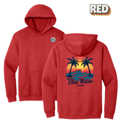 flat lay red vintage sunset hoodie by blue water apparel