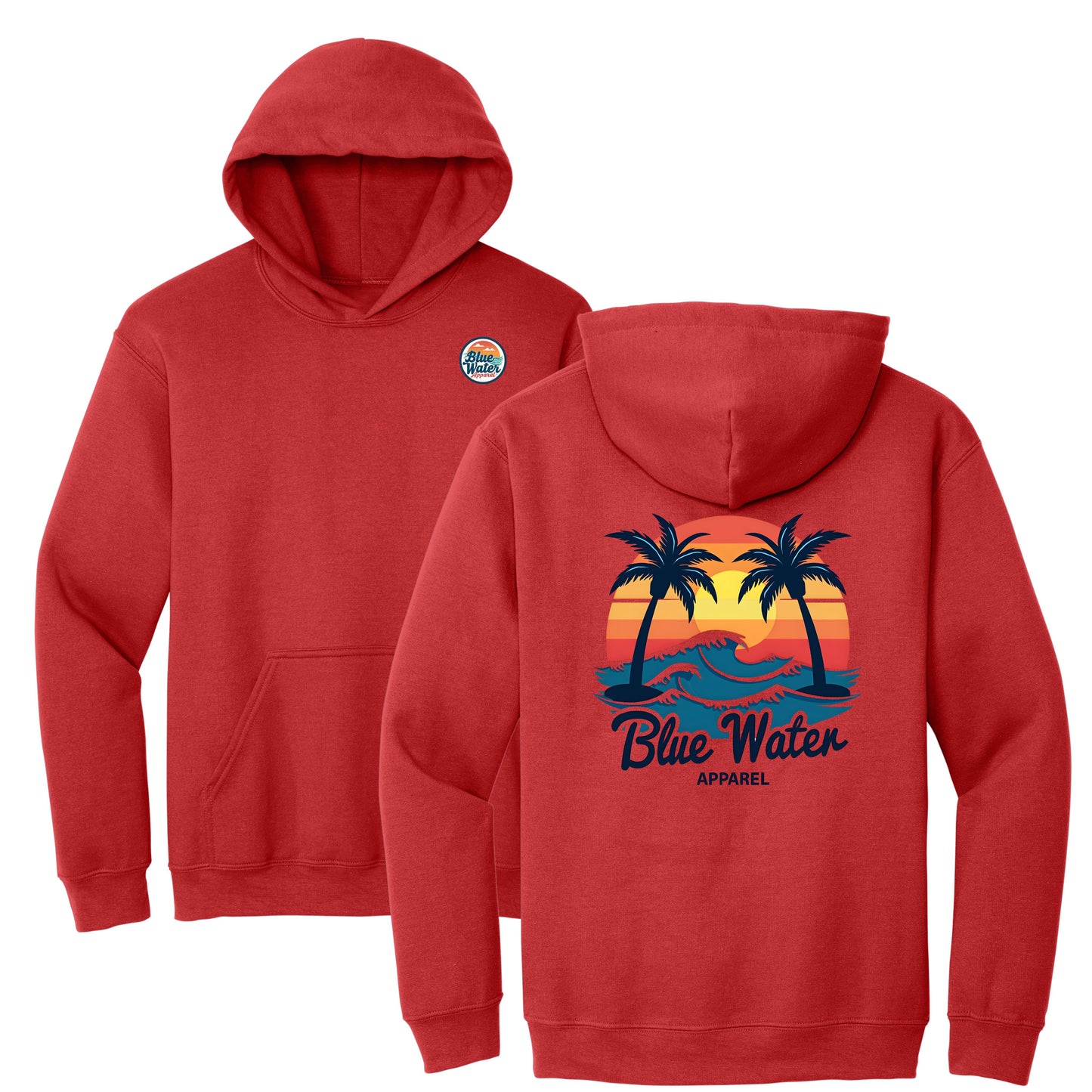 flat lay red vintage sunset hoodie by blue water apparel