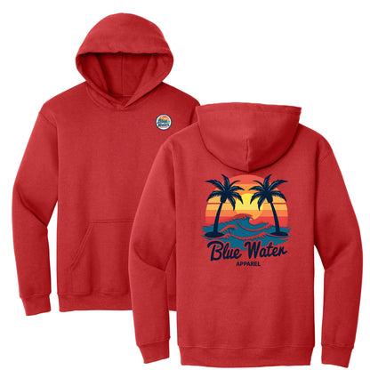 flat lay red vintage sunset hoodie by blue water apparel