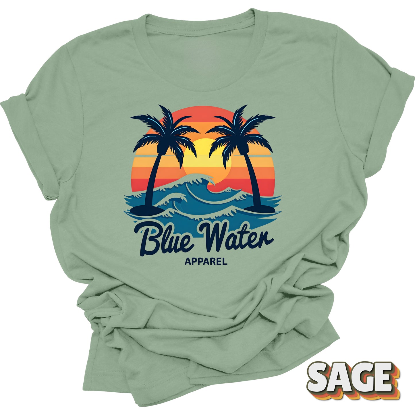 Flat lay front graphic of Sage Vintage Sunset tee by Blue Water Apparel