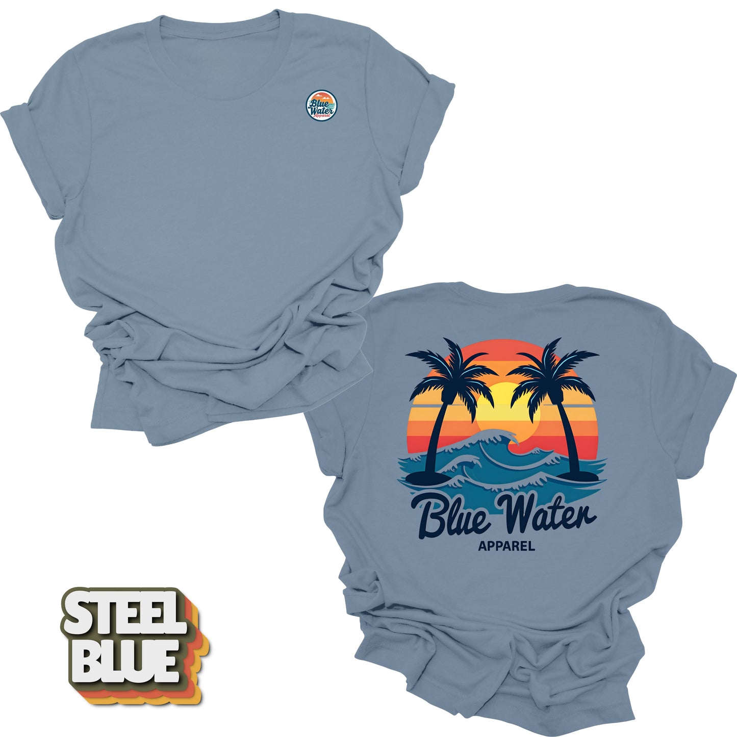 Flat lay back graphic Vintage Sunset in Steel Blue by Blue Water Apparel