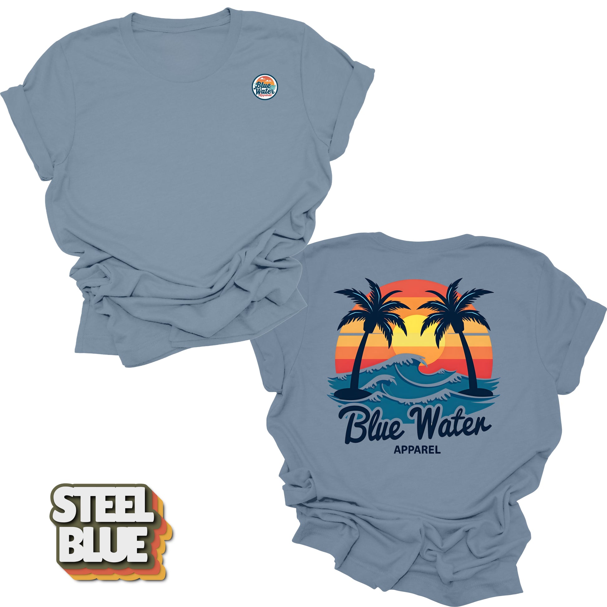 Flat lay back graphic Vintage Sunset in Steel Blue by Blue Water Apparel