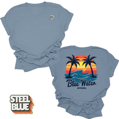 Flat lay back graphic Vintage Sunset in Steel Blue by Blue Water Apparel