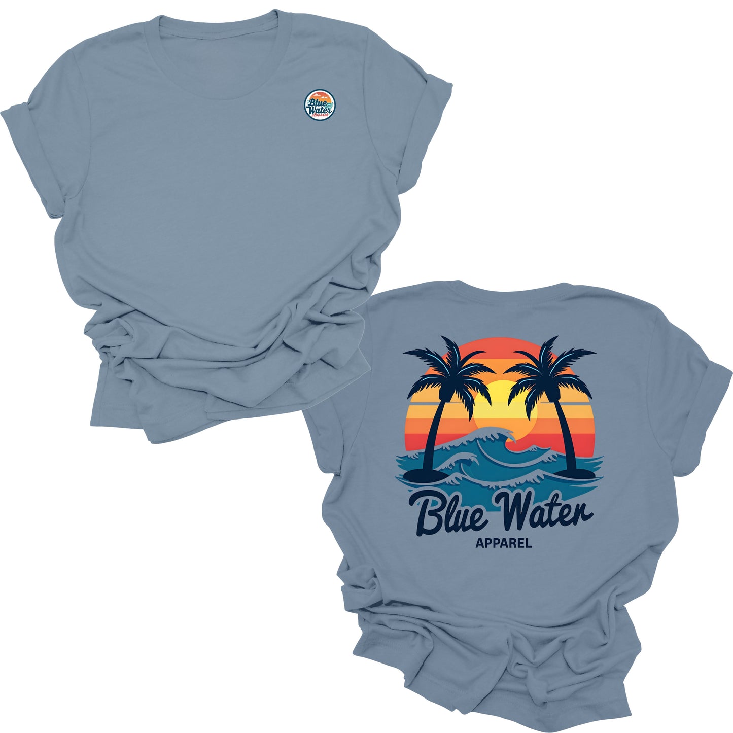 flat lay steel blue vintage sunset tee by blue water apparel