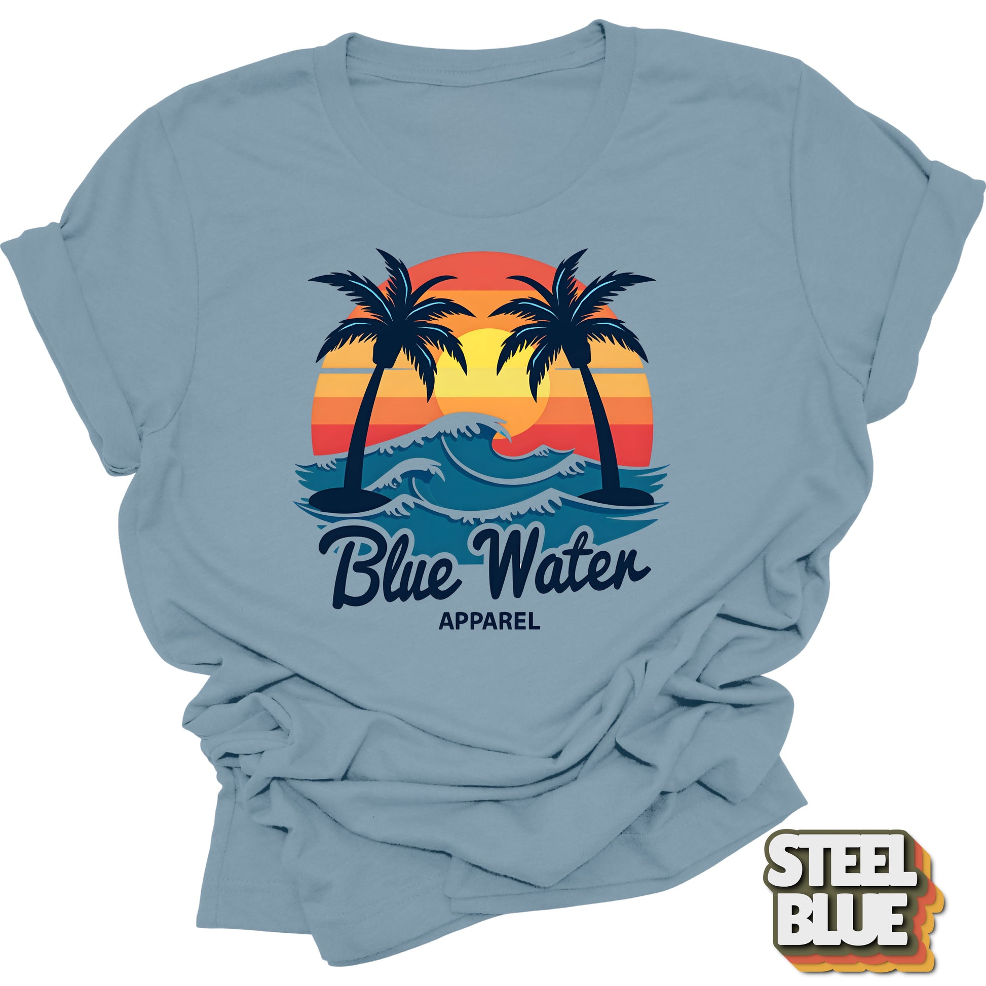 Flat lay front graphic of Steel Blue Vintage Sunset tee by Blue Water Apparel