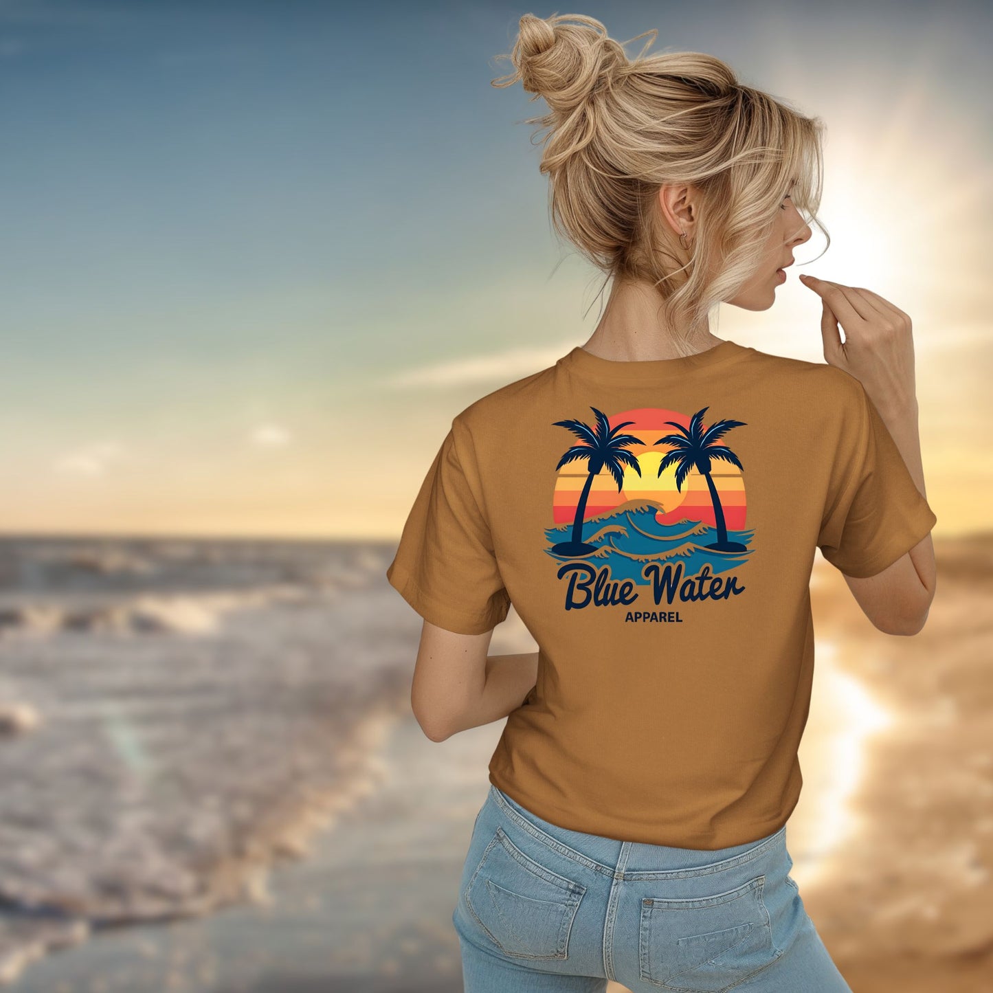 Female model wearing the Toast Vintage Sunset tee by Blue Water Apparel